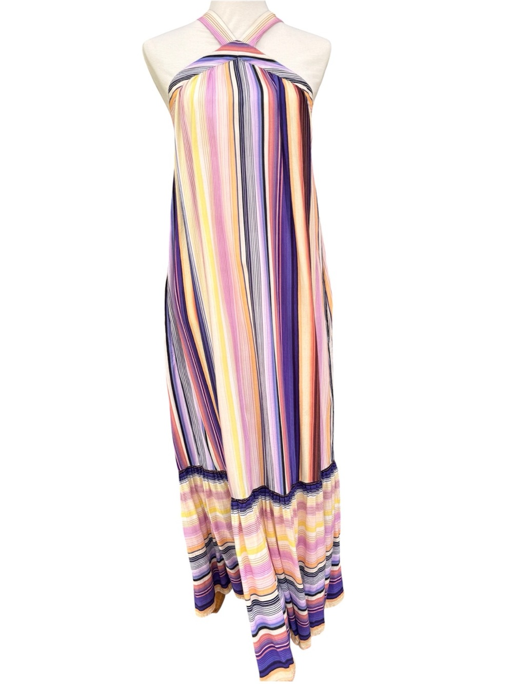 Venus Striped Halter Maxi Dress in Purple, Pink & Yellow Small EUC Backless